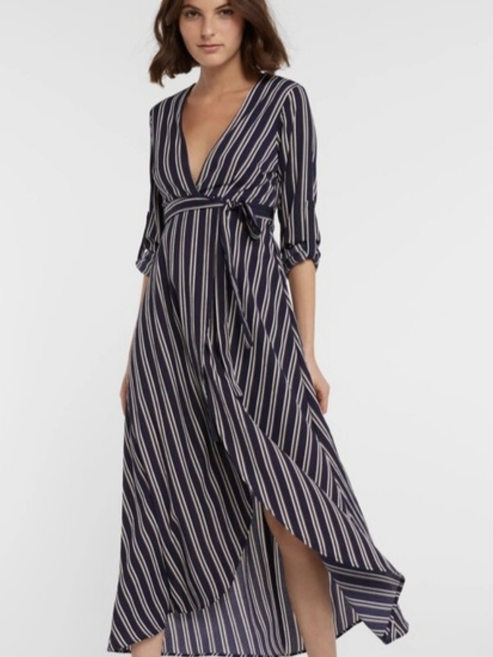 FAVLUX Navy & White Striped Faux Wrap Maxi Dress